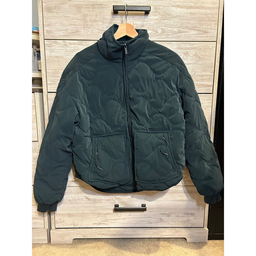 FLX Womens Quilted Puffer Jacket Forest Green Full Zip Mock Neck Pockets Small